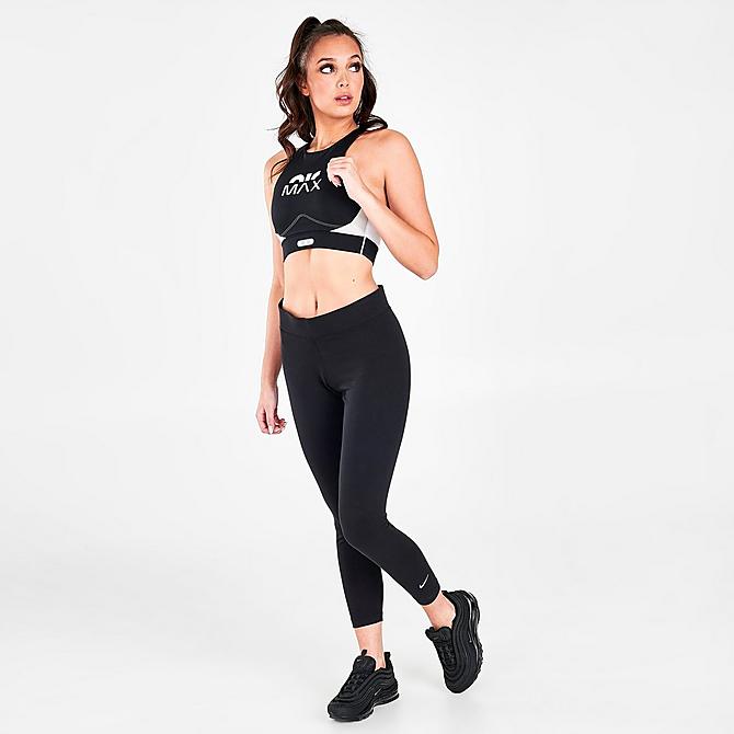Front Three Quarter view of Women's Nike Dri-FIT Swoosh Air Max Medium-Support Padded Sports Bra in Black/White/Light Iron Ore/White Click to zoom