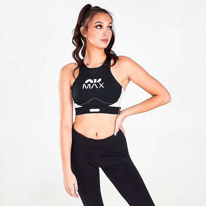 Back Left view of Women's Nike Dri-FIT Swoosh Air Max Medium-Support Padded Sports Bra in Black/White/Light Iron Ore/White Click to zoom