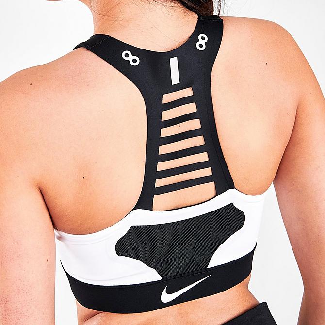 On Model 6 view of Women's Nike Dri-FIT Swoosh Air Max Medium-Support Padded Sports Bra in Black/White/Light Iron Ore/White Click to zoom