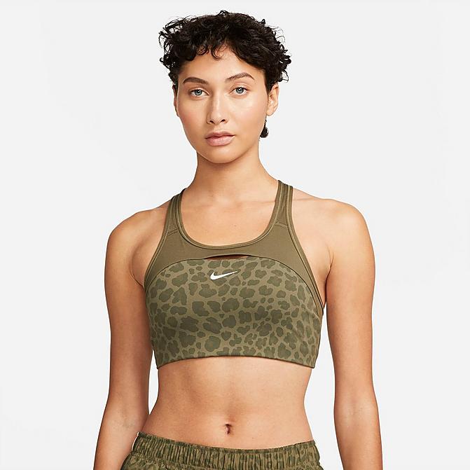 Front view of Women's Nike Dri-FIT Swoosh Printed Medium-Support Non-Padded Sports Bra in Medium Olive/Medium Olive/White Click to zoom