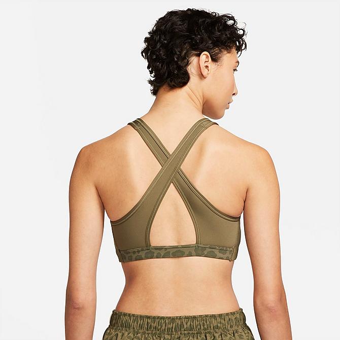 Front Three Quarter view of Women's Nike Dri-FIT Swoosh Printed Medium-Support Non-Padded Sports Bra in Medium Olive/Medium Olive/White Click to zoom