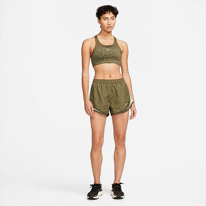 Back Left view of Women's Nike Dri-FIT Swoosh Printed Medium-Support Non-Padded Sports Bra in Medium Olive/Medium Olive/White Click to zoom