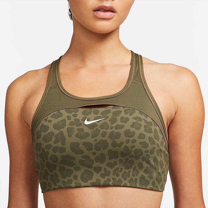 Back Right view of Women's Nike Dri-FIT Swoosh Printed Medium-Support Non-Padded Sports Bra in Medium Olive/Medium Olive/White Click to zoom