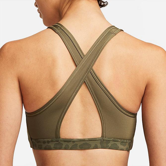 On Model 5 view of Women's Nike Dri-FIT Swoosh Printed Medium-Support Non-Padded Sports Bra in Medium Olive/Medium Olive/White Click to zoom