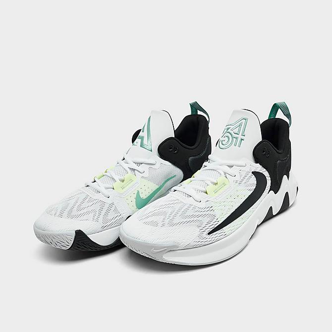 Three Quarter view of Nike Giannis Immortality 2 Basketball Shoes in White/Barely Volt/Grey Fog/Black Click to zoom