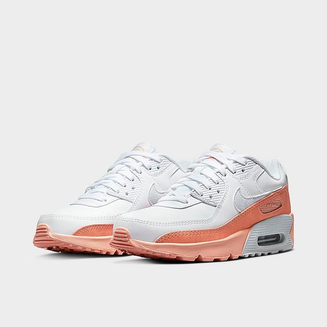 Three Quarter view of Girls' Big Kids' Nike Air Max 90 LTR SE Casual Shoes in White/Aura/Light Madder Root Click to zoom