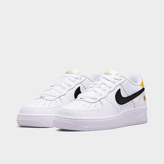 Three Quarter view of Big Kids’ Nike Air Force 1 LV8 Have A Nike Day Casual Shoes in White/Black/Dark Sulfur Click to zoom