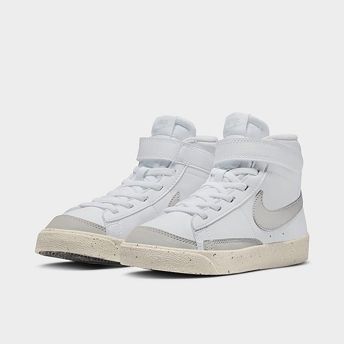 Three Quarter view of Little Kids' Nike Blazer Mid '77 SE Hook-and-Loop Casual Shoes in White/Volt/Light Bone Click to zoom
