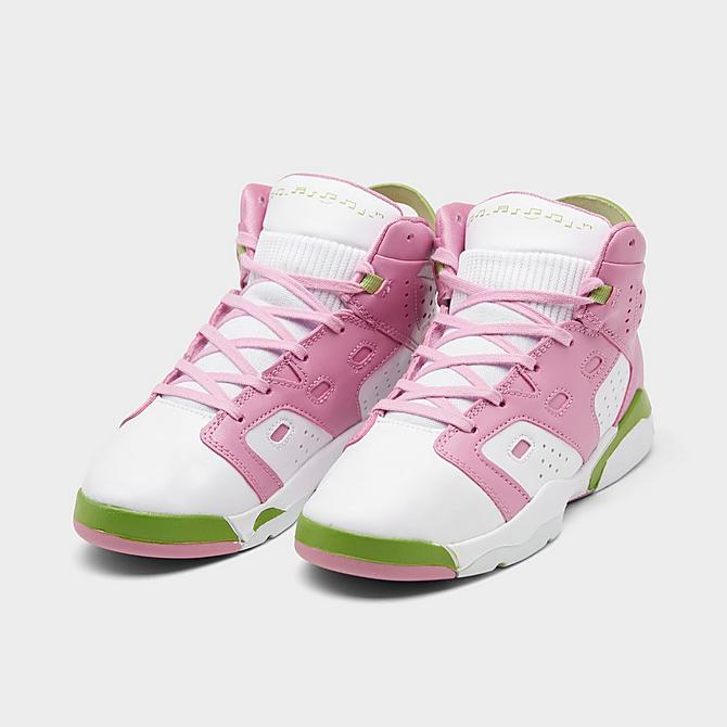 Three Quarter view of Girls' Little Kids' Jordan 6-17-23 Basketball Shoes in Elemental Pink/White/Vivid Green Click to zoom