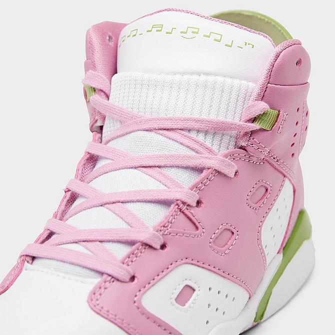 Front view of Girls' Little Kids' Jordan 6-17-23 Basketball Shoes in Elemental Pink/White/Vivid Green Click to zoom