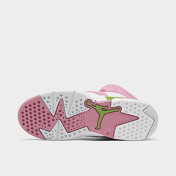 Bottom view of Girls' Little Kids' Jordan 6-17-23 Basketball Shoes in Elemental Pink/White/Vivid Green Click to zoom