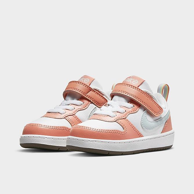 Three Quarter view of Girls' Toddler Nike Court Borough Low 2 SE Casual Shoes in White/Aura/Light Madder Root/Cave Stone Click to zoom