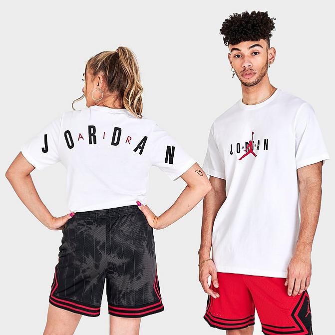 Front view of Men's Jordan Air Graphic Print Short-Sleeve T-Shirt in White/Black/Gym Red Click to zoom