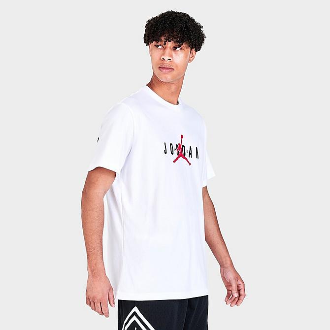 Back Left view of Men's Jordan Air Graphic Print Short-Sleeve T-Shirt in White/Black/Gym Red Click to zoom