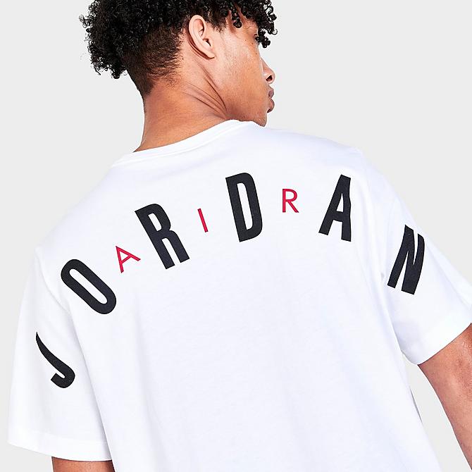 On Model 5 view of Men's Jordan Air Graphic Print Short-Sleeve T-Shirt in White/Black/Gym Red Click to zoom