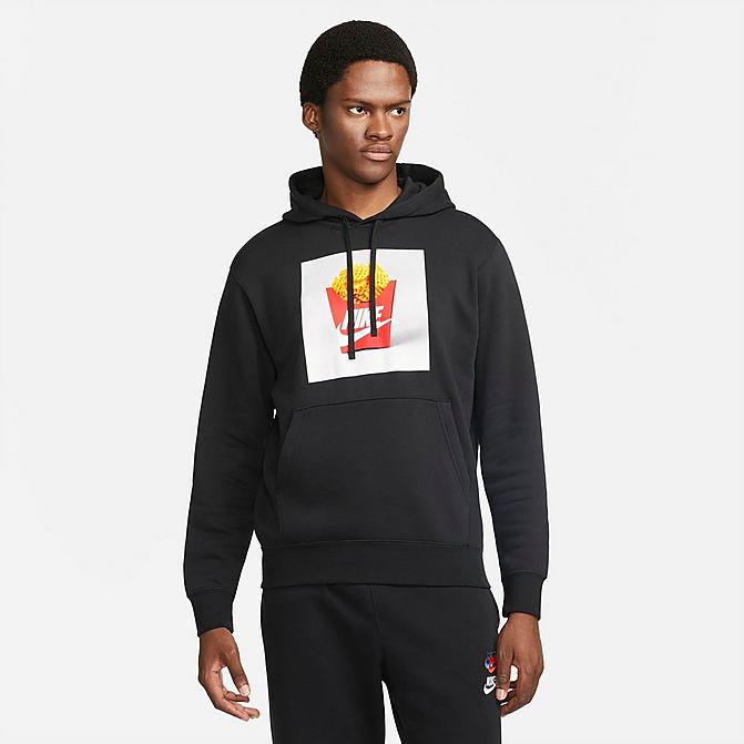 Front view of Men's Nike Sportswear Waffle Fries Graphic Print Pullover Hoodie in Black Click to zoom