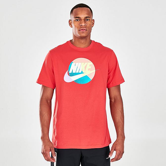 Front view of Men's Nike Sportswear Futura Graphic Logo T-Shirt in Lobster Click to zoom