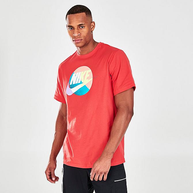 Back Left view of Men's Nike Sportswear Futura Graphic Logo T-Shirt in Lobster Click to zoom