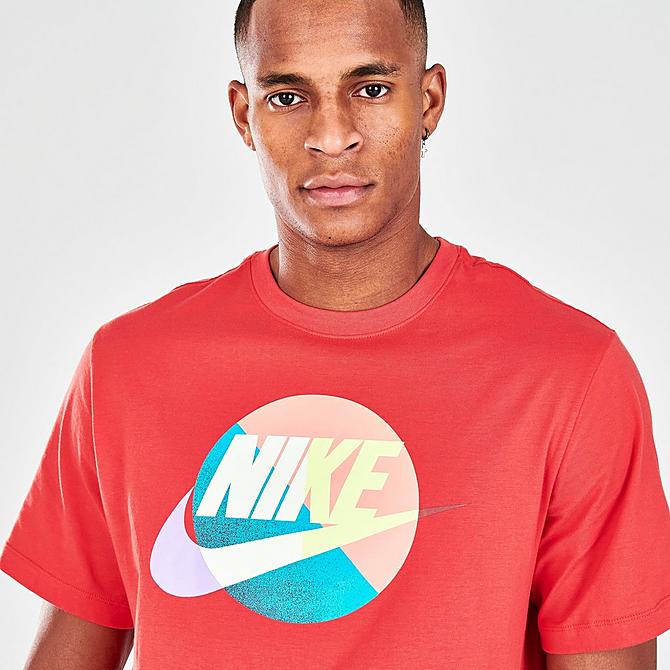 On Model 6 view of Men's Nike Sportswear Futura Graphic Logo T-Shirt in Lobster Click to zoom