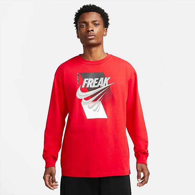 Front view of Men's Nike Max 90 Giannis Freak Long-Sleeve Graphic Print T-Shirt in University Red Click to zoom