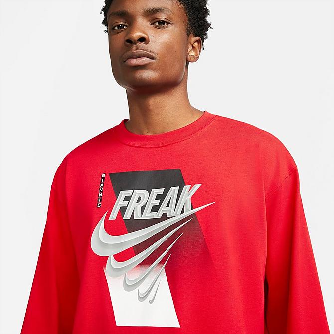 Back Right view of Men's Nike Max 90 Giannis Freak Long-Sleeve Graphic Print T-Shirt in University Red Click to zoom