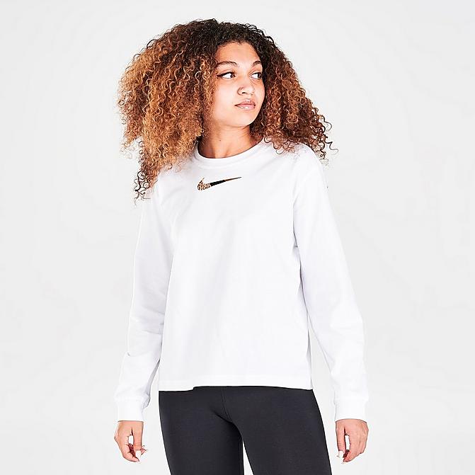 Front view of Women's Nike Sportswear Animal Print Long-Sleeve T-Shirt in White Click to zoom