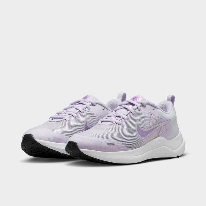 Three Quarter view of Big Kids' Nike Downshifter 12 Training Shoes in Violet Frost/Metallic Silver/Pure Platinum/Vivid Purple Click to zoom