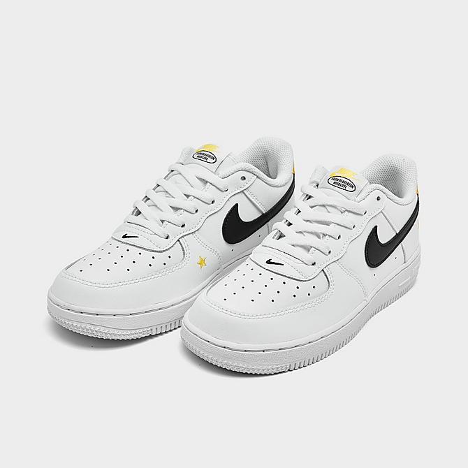 Three Quarter view of Little Kids' Nike Air Force 1 LV8 Have A Nike Day Casual Shoes in White/Black/Dark Sulfur Click to zoom
