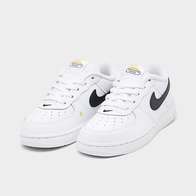 Three Quarter view of Kids' Toddler Nike Air Force 1 LV8 Have A Nike Day Casual Shoes in White/Black/Dark Sulfur Click to zoom