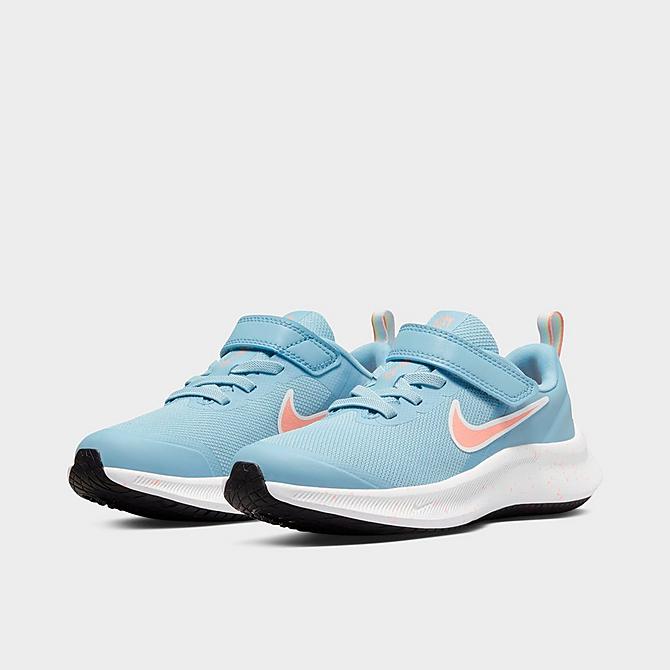 Three Quarter view of Little Kids' Nike Star Runner 3 Sidewalk Chalk Stretch Lace Running Shoes in Worn Blue/Crimson Bliss Click to zoom