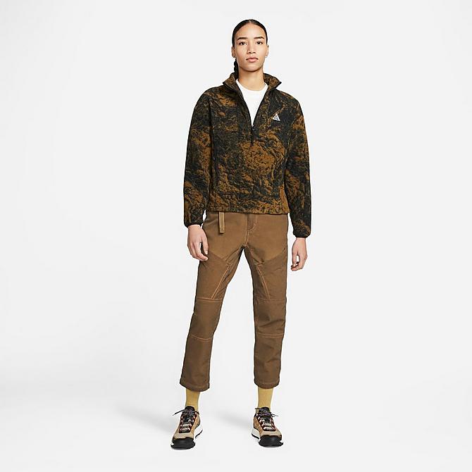 Back Left view of Women's Nike ACG Therma-FIT Wolf Tree Graphic Half-Zip Pullover Top in Hazel Rush/Black/Summit White Click to zoom