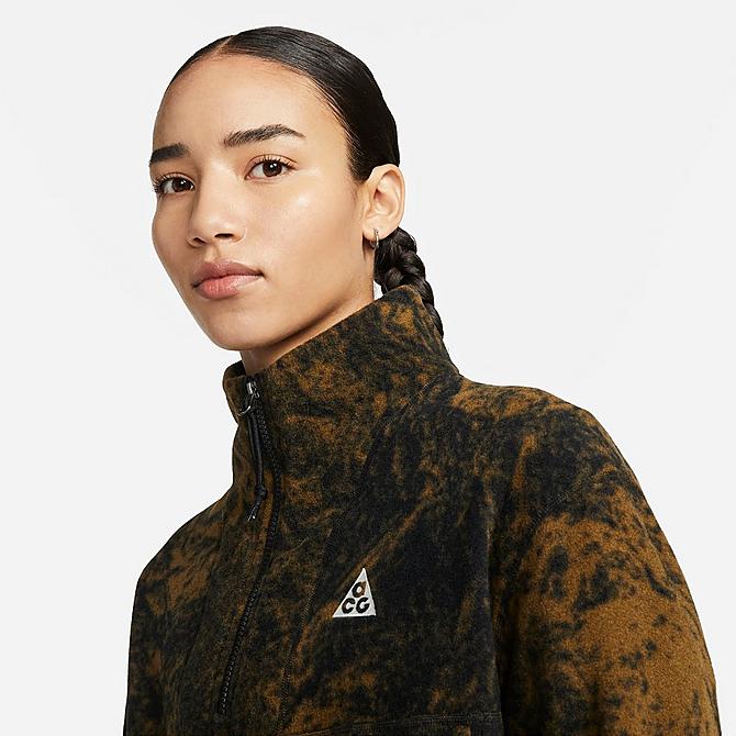 Back Right view of Women's Nike ACG Therma-FIT Wolf Tree Graphic Half-Zip Pullover Top in Hazel Rush/Black/Summit White Click to zoom