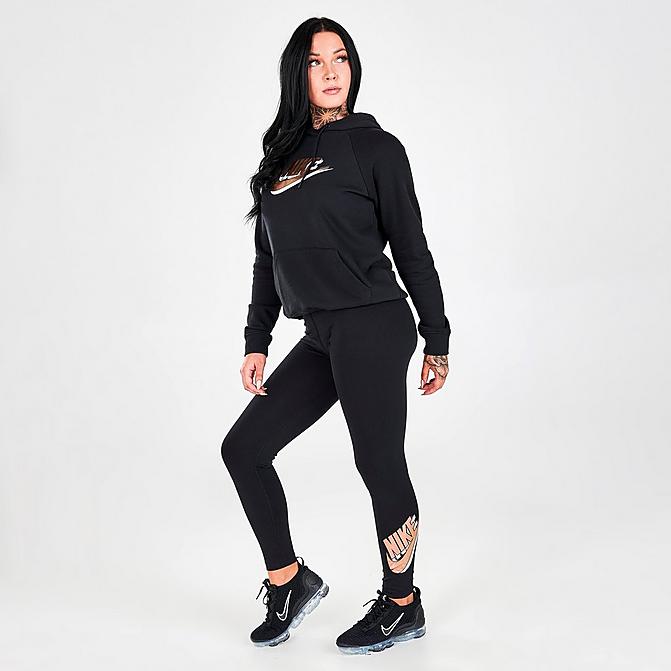 Front view of Women's Nike Sportswear Essential High-Waisted Metallic Printed Leggings in Black/Metallic Red Bronze Click to zoom