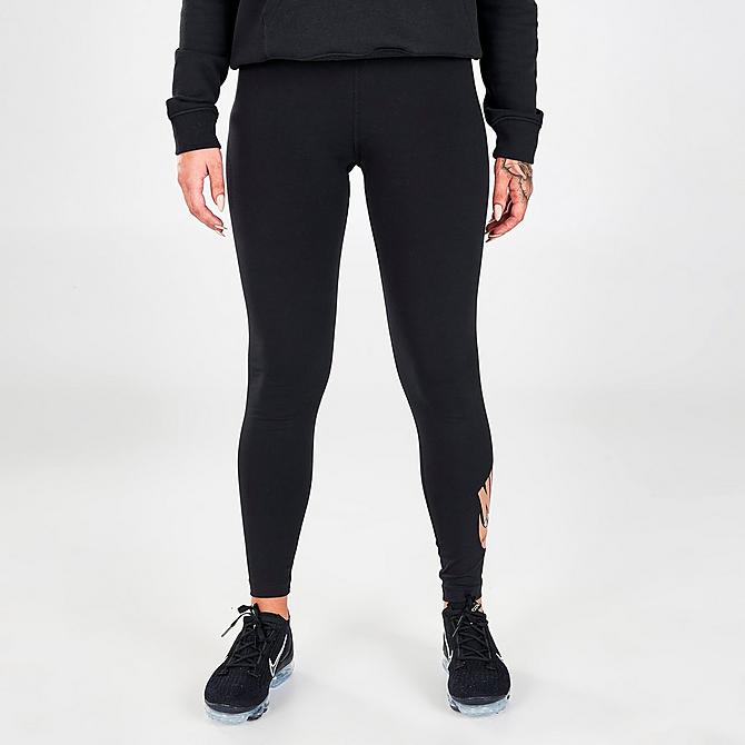 Front Three Quarter view of Women's Nike Sportswear Essential High-Waisted Metallic Printed Leggings in Black/Metallic Red Bronze Click to zoom