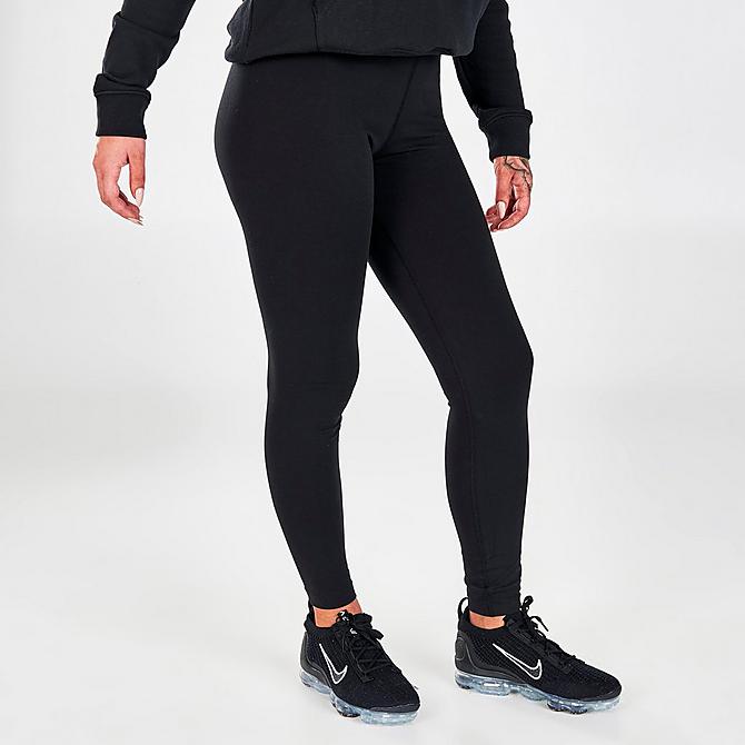 Back Left view of Women's Nike Sportswear Essential High-Waisted Metallic Printed Leggings in Black/Metallic Red Bronze Click to zoom
