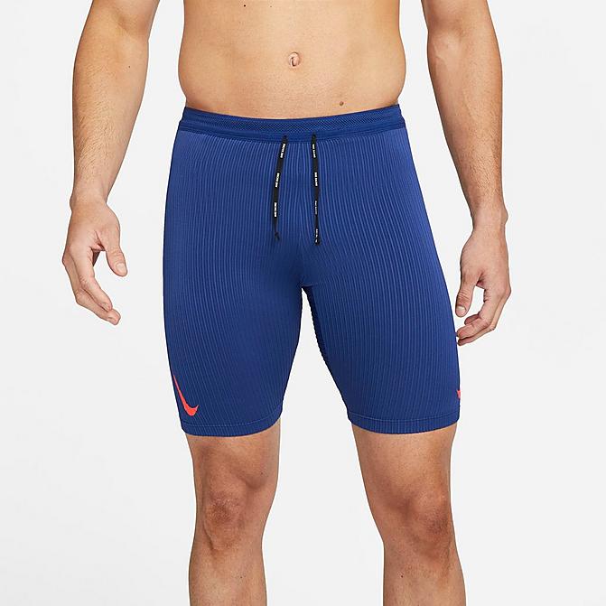 Front view of Men's Nike Dri-FIT ADV AeroSwift Half-Length Racing Tights in Deep Royal Blue/Deep Royal Blue/Deep Royal Blue/Bright Crimson Click to zoom