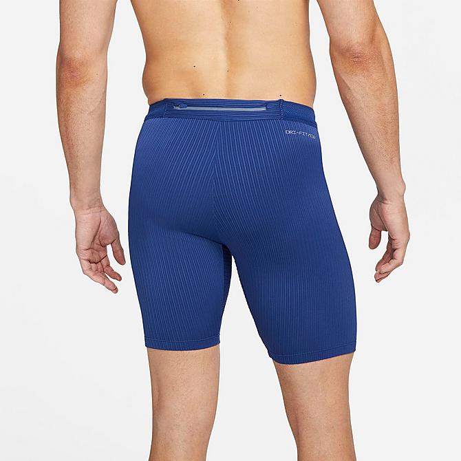Front Three Quarter view of Men's Nike Dri-FIT ADV AeroSwift Half-Length Racing Tights in Deep Royal Blue/Deep Royal Blue/Deep Royal Blue/Bright Crimson Click to zoom