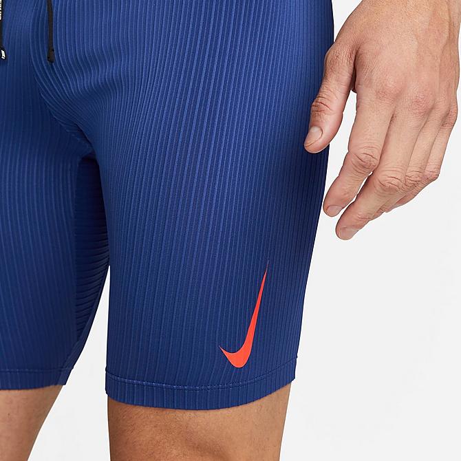 Back Right view of Men's Nike Dri-FIT ADV AeroSwift Half-Length Racing Tights in Deep Royal Blue/Deep Royal Blue/Deep Royal Blue/Bright Crimson Click to zoom