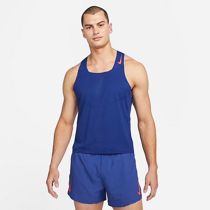 Front view of Men's Nike Dri-FIT ADV AeroSwift Racing Singlet in Deep Royal Blue/Bright Crimson Click to zoom