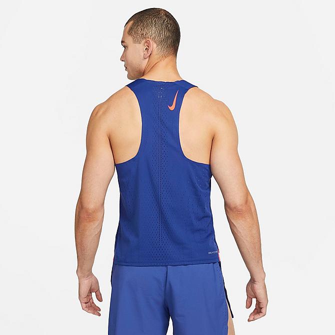 Front Three Quarter view of Men's Nike Dri-FIT ADV AeroSwift Racing Singlet in Deep Royal Blue/Bright Crimson Click to zoom