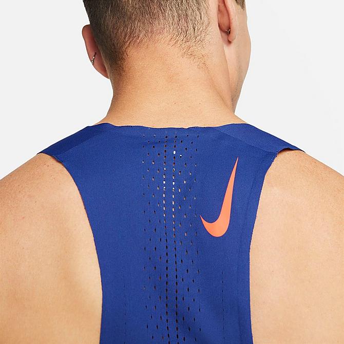 Back Right view of Men's Nike Dri-FIT ADV AeroSwift Racing Singlet in Deep Royal Blue/Bright Crimson Click to zoom