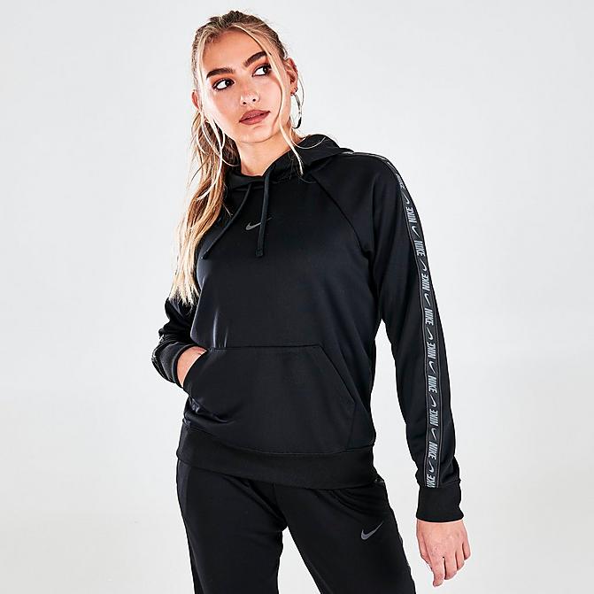 Front view of Women’s Nike Sportswear Pullover Tape Hoodie in Black Click to zoom