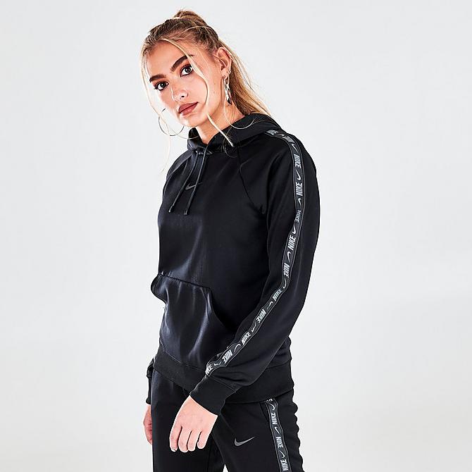 Back Left view of Women’s Nike Sportswear Pullover Tape Hoodie in Black Click to zoom