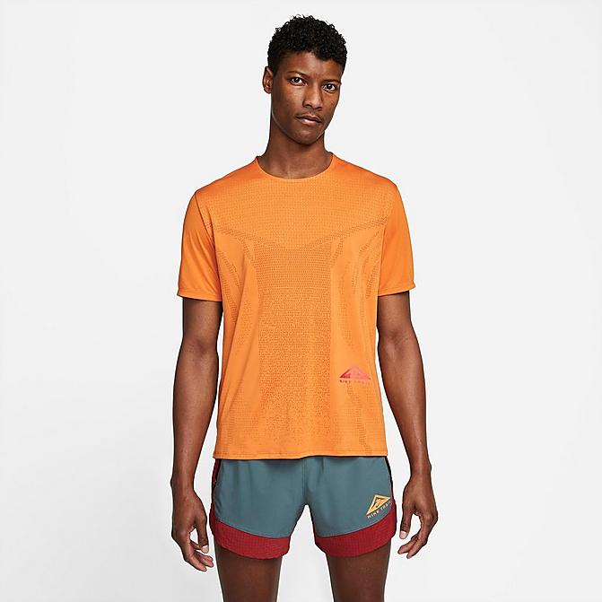 Front view of Men's Nike Dri-FIT Rise 365 Short-Sleeve Trail Running Top in Light Curry/Habanero Red Click to zoom