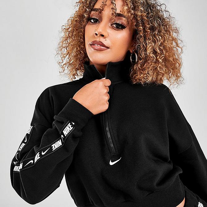 On Model 5 view of Women's Nike Sportswear Essential Tape Half-Zip Fleece Crop Sweatshirt in Black/White Click to zoom