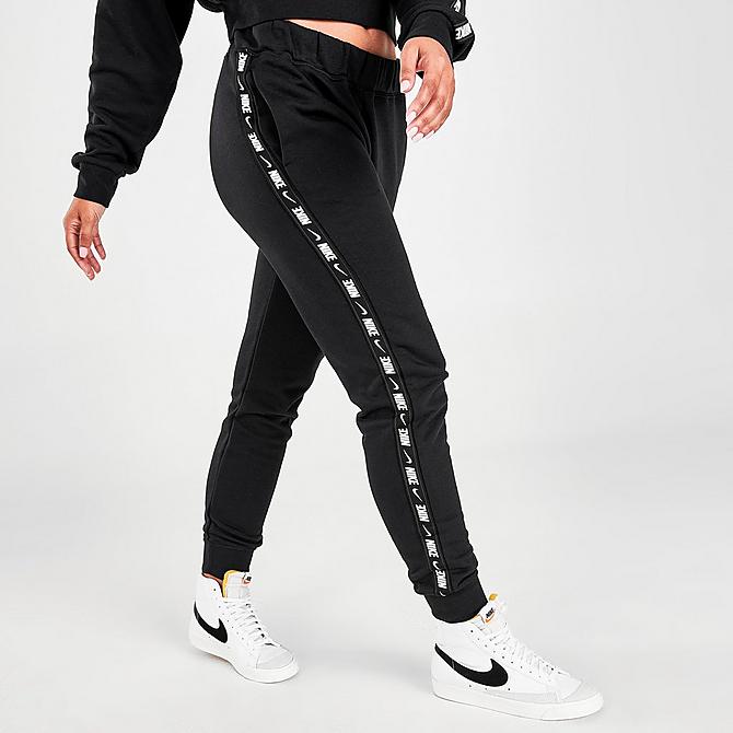 Back Left view of Women's Nike Sportswear Essential Tape Fleece Jogger Pants in Black/White Click to zoom