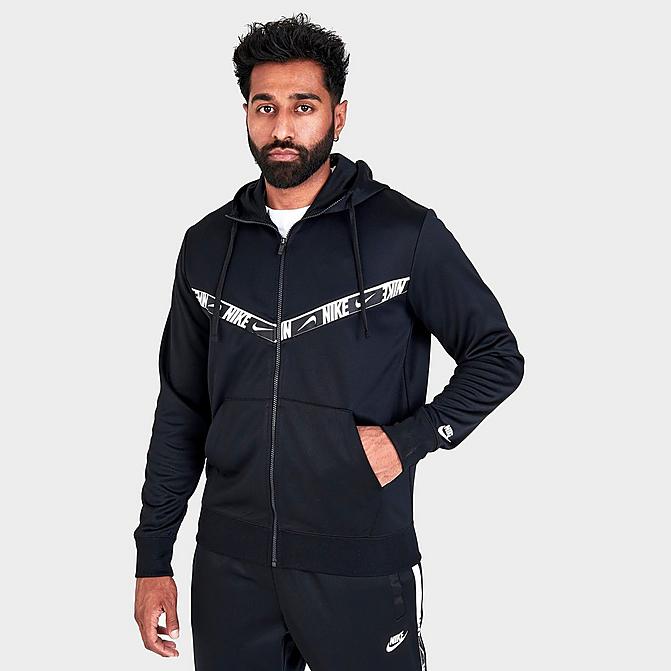 Front view of Men's Nike Sportswear Repeat Chevron Full-Zip Hoodie in Black/Black/White Click to zoom