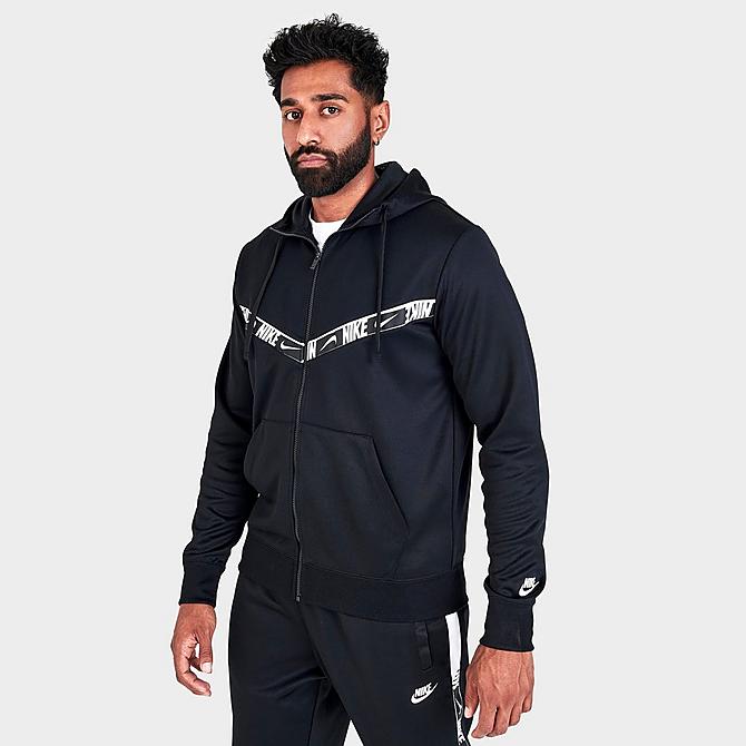 Back Left view of Men's Nike Sportswear Repeat Chevron Full-Zip Hoodie in Black/Black/White Click to zoom