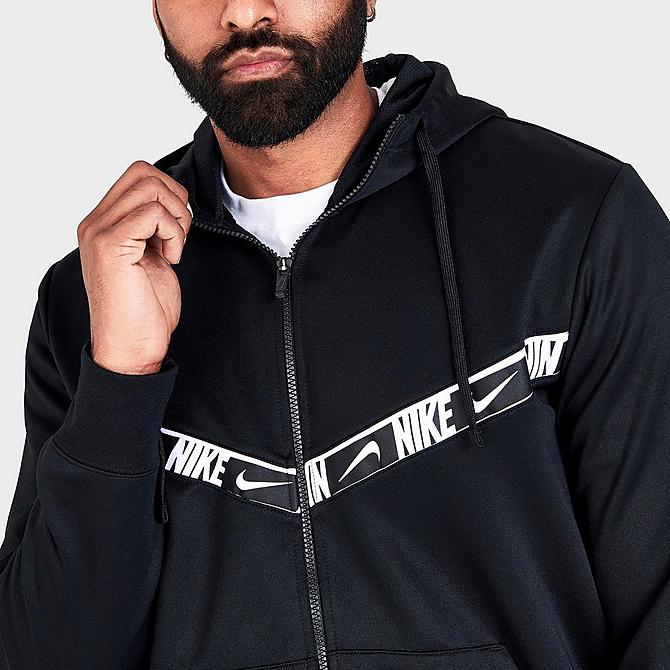 On Model 5 view of Men's Nike Sportswear Repeat Chevron Full-Zip Hoodie in Black/Black/White Click to zoom