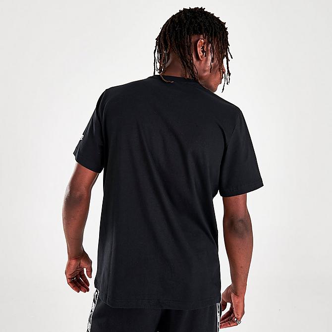 Back Right view of Men's Nike Sportswear Swoosh Repeat T-Shirt in Black/Black/White Click to zoom